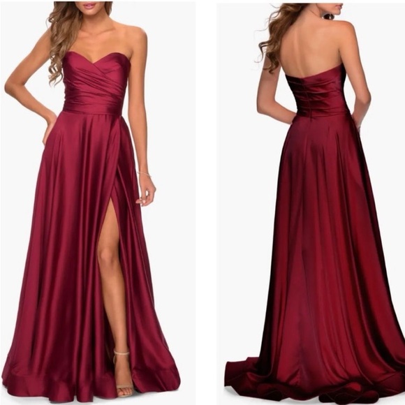 La femme strapless slit satin ballgown